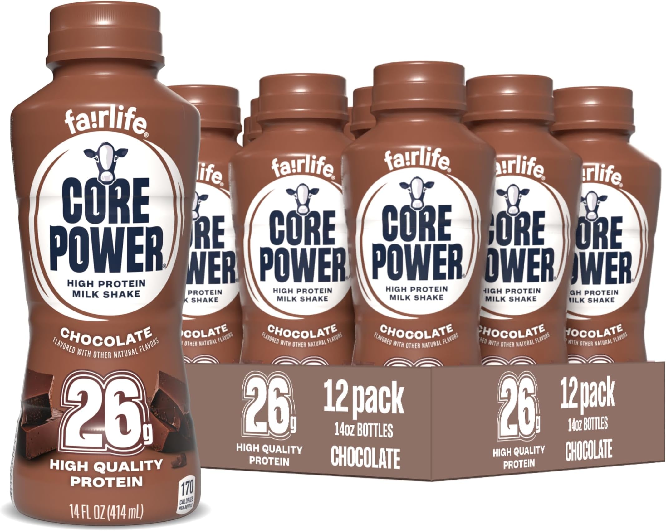 Core Power Protein Shake, Chocolate, 26g Bottle, 14oz, 12 Pack