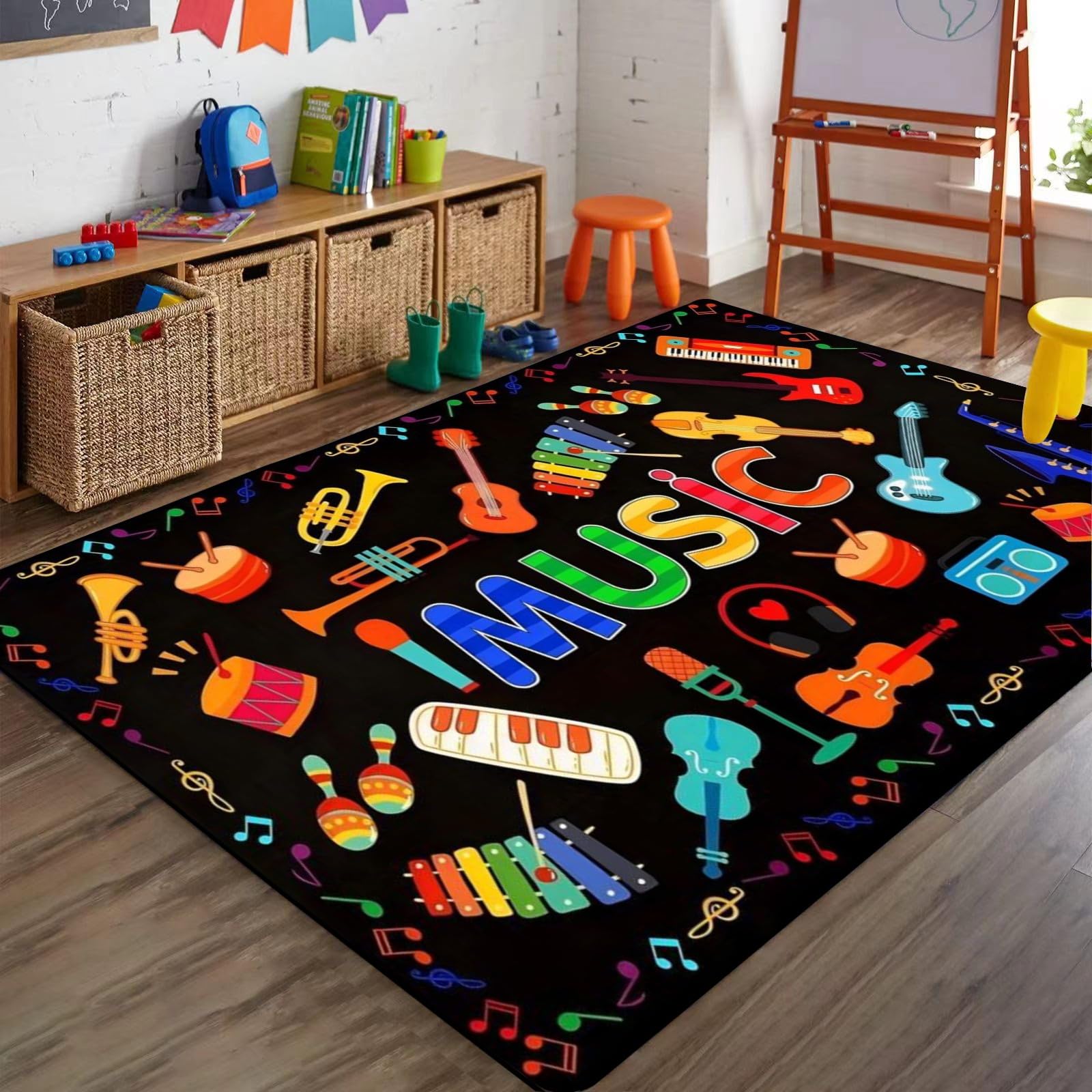 Bycmuoz Music Theme Kids Rug, 180x260cm, Musical Instruments Guitar Notes Play Carpet, Soft Cozy Absorbent Mat Washable Black Edged Dirt Resistant Rug for Bedroom Classroom