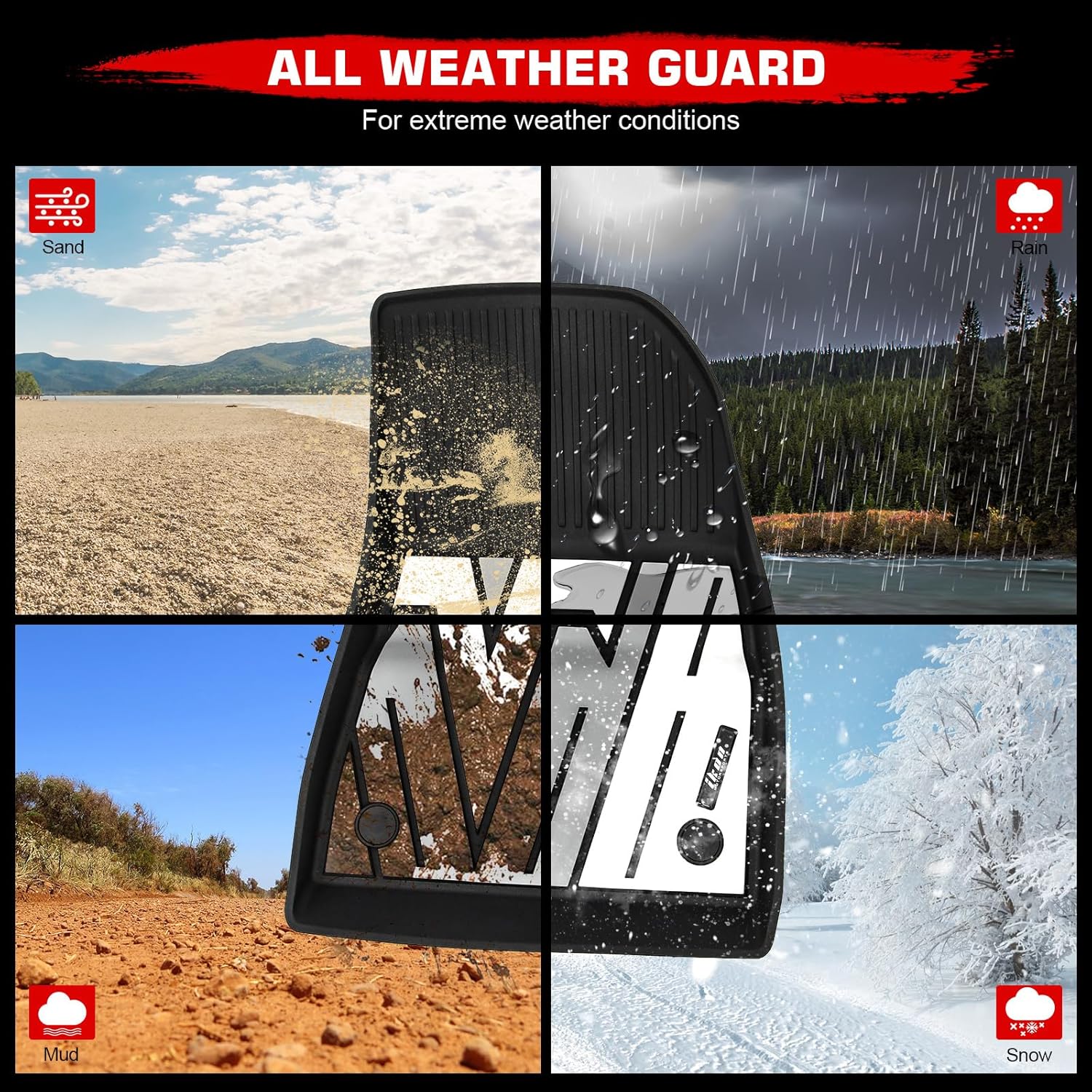 IKON MOTORSPORTS 3D TPE Floor Mats, Compatible with 2024-2025 Tesla Model 3, All Weather Waterproof Non-Slip Floor Liners, Front & 2nd Row Full Set Car Interior Accessories, Black & Gray & White