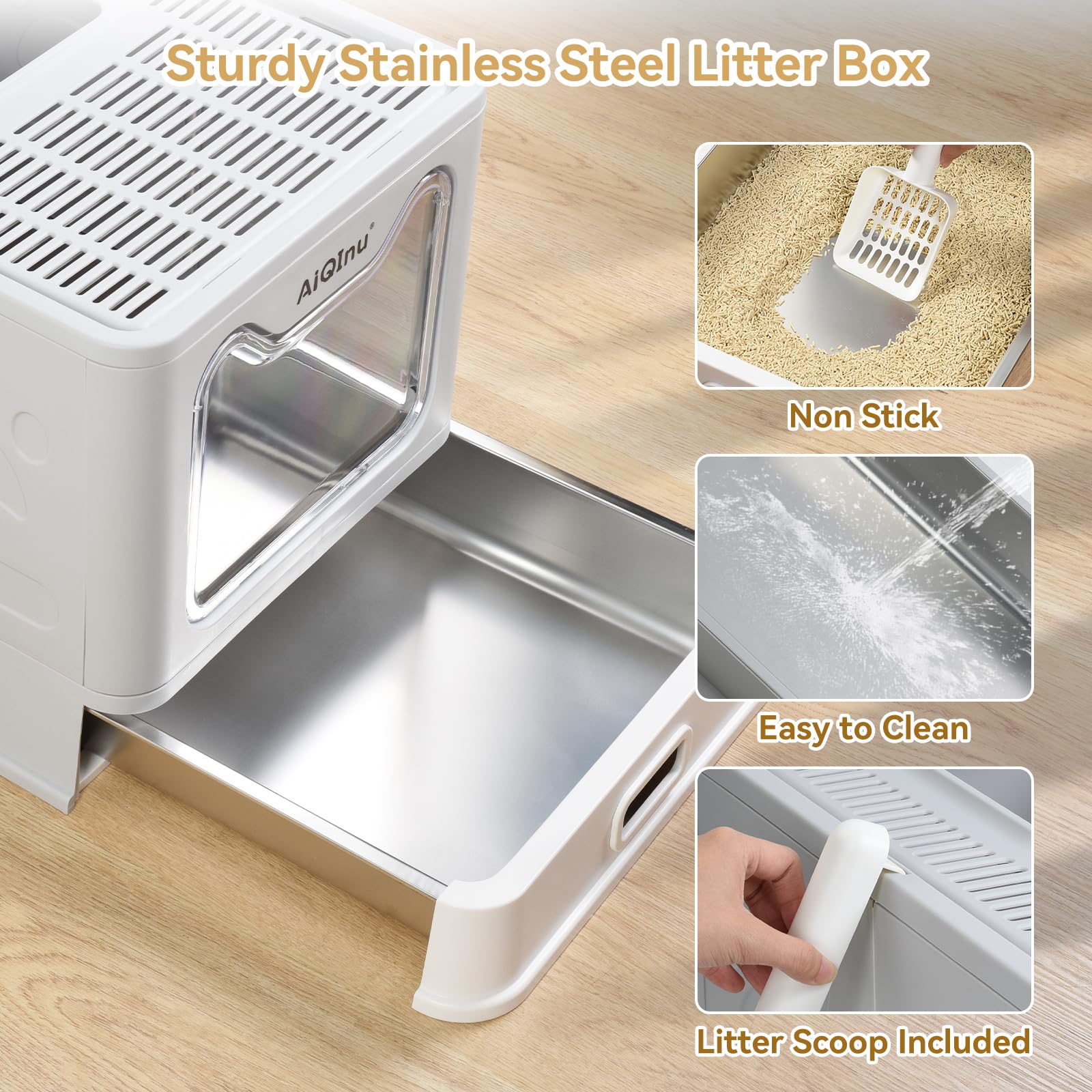 AiQInu Caja de arena plegable de acero inoxidable con tapa para gatos de hasta 20 libras | Caja de arena grande de metal cerrada con lados altos, antifugas y control de olores, fácil de limpiar