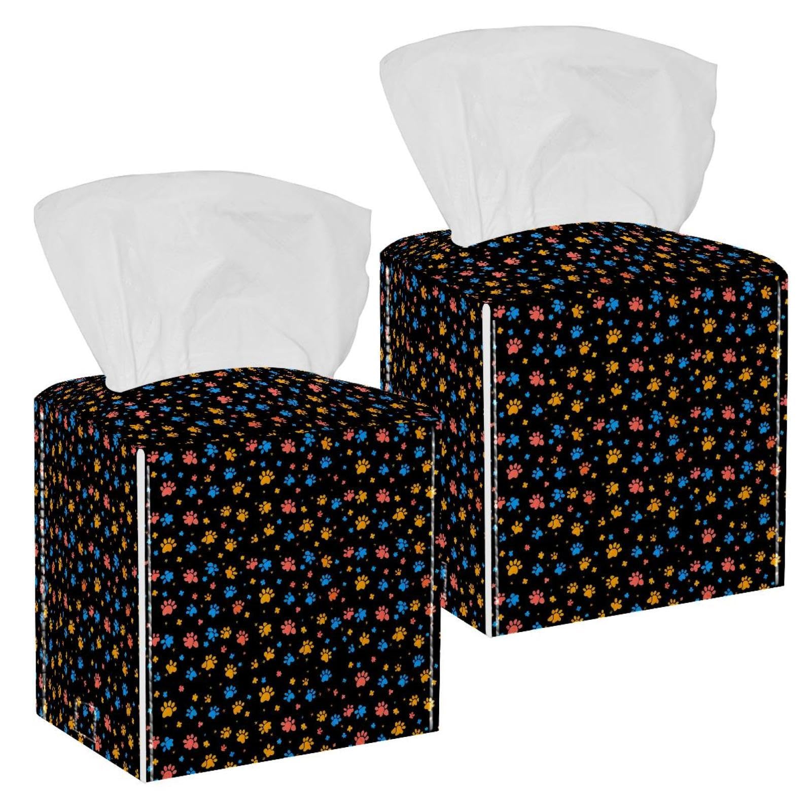 Colorful Paw Tissue Box Cover, 2 Pack PU Leather Square Facial Tissue Dispenser Box holder for Home Office Car