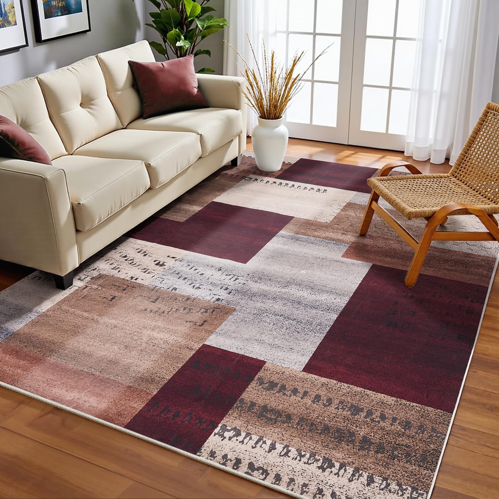 Puremy Tappeto moderno, lavabile, a pelo basso, antiscivolo, motivo geometrico, a quadri, per camera da letto, sala da pranzo, ufficio e cameretta dei bambini, 160 x 220 cm, mattone rosso e multi
