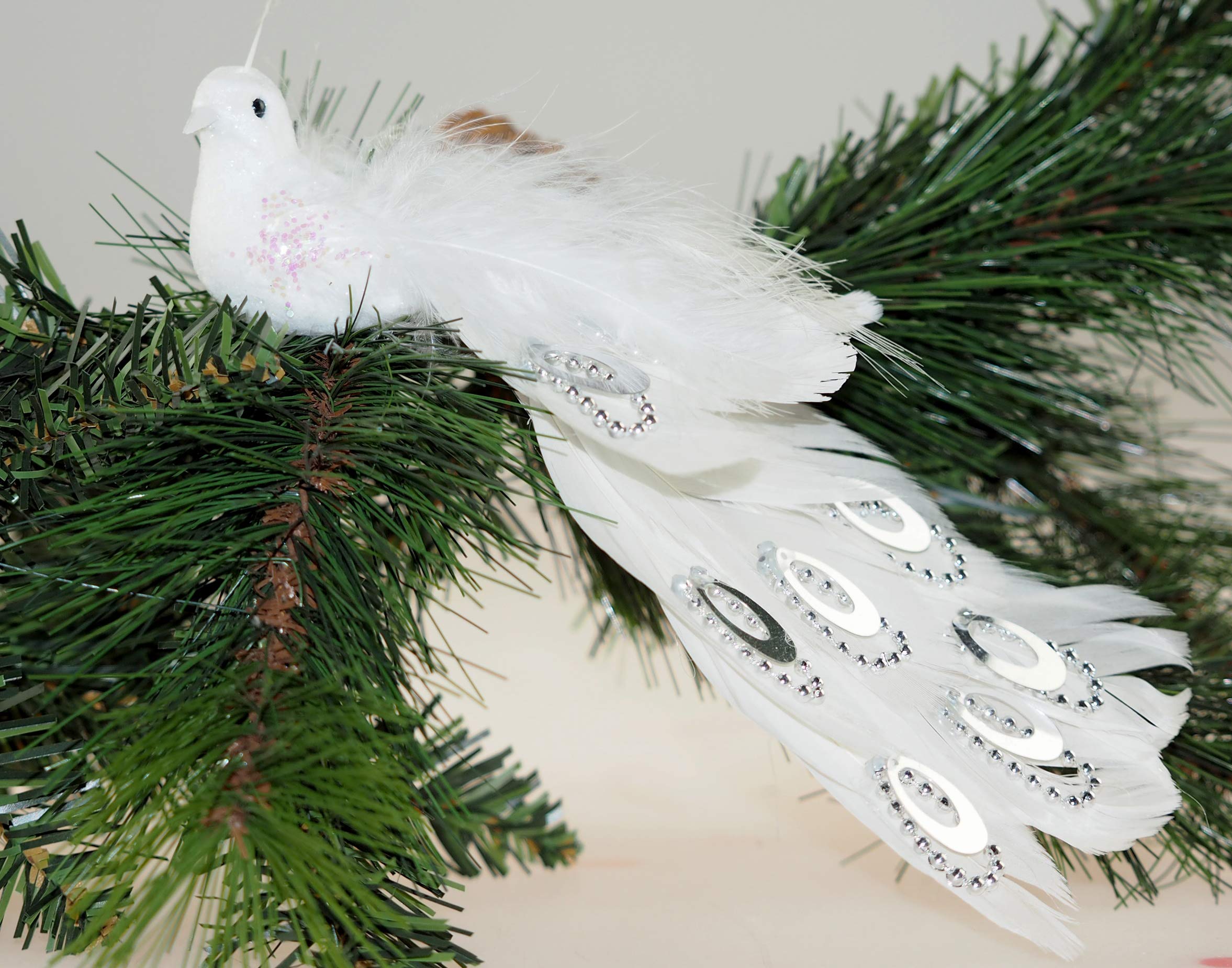 BWG Set Of 2 White Peacock Clip On Craft Birds Of Paradise Christmas Tree Ornaments