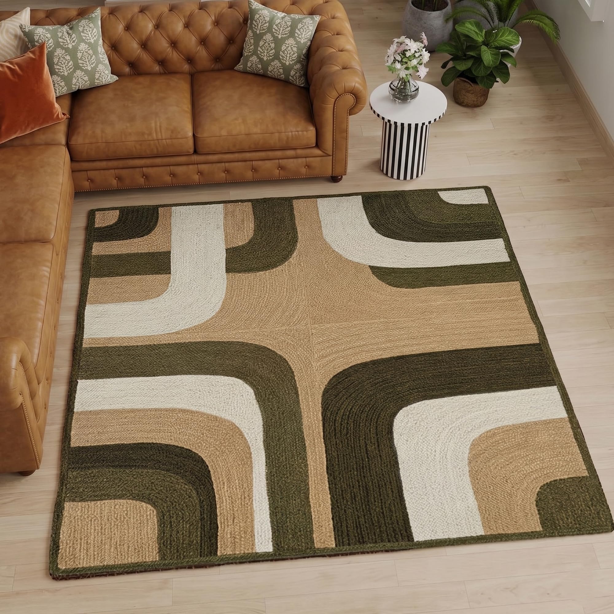 Tapis en jute naturelle carré motif abstrait vert olive tapis de sol chambre