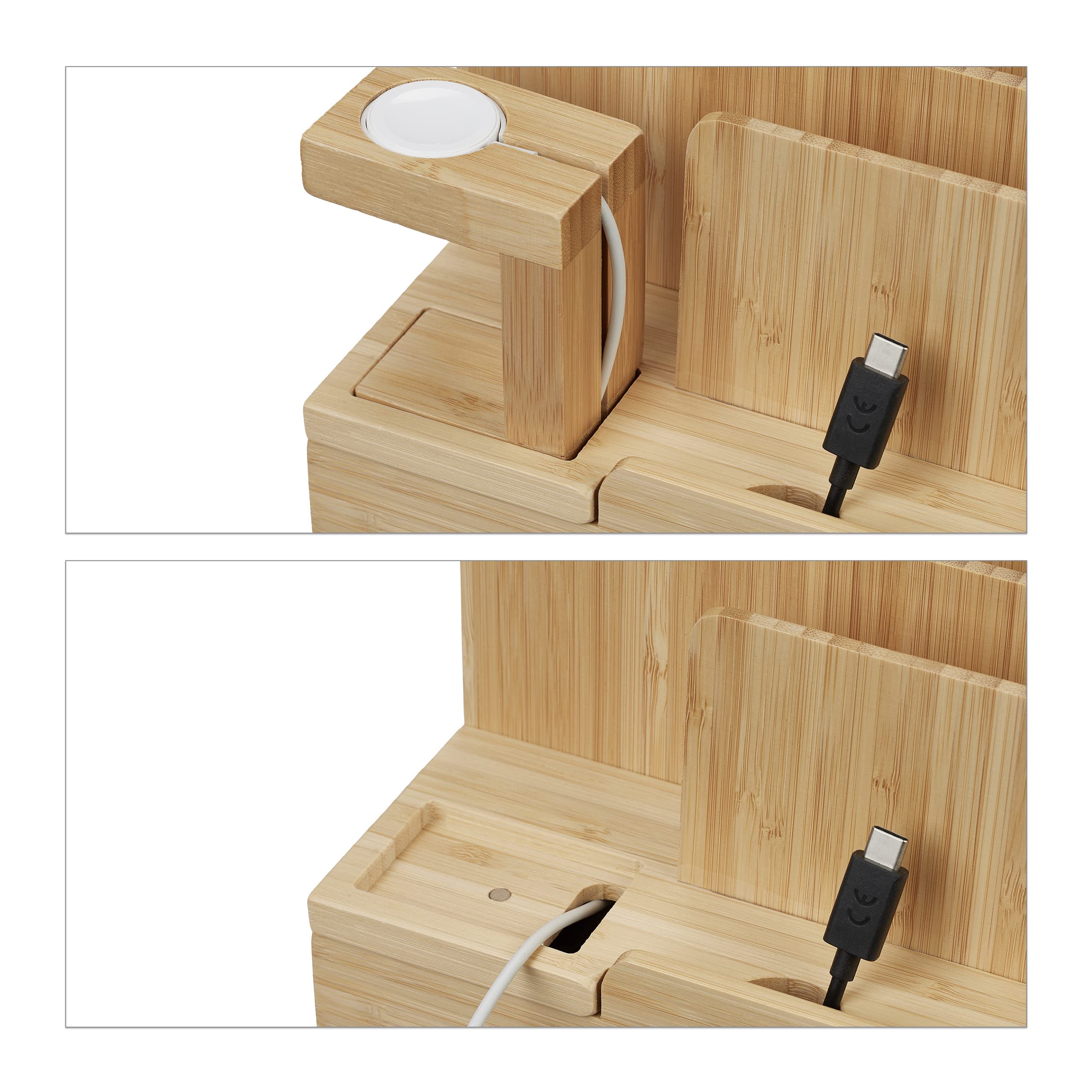 Relaxdays Stazione di Ricarica Multipla, Docking Station per Apple Watch, Tablet e Smartphone, 15x21,5x15 cm, Naturale