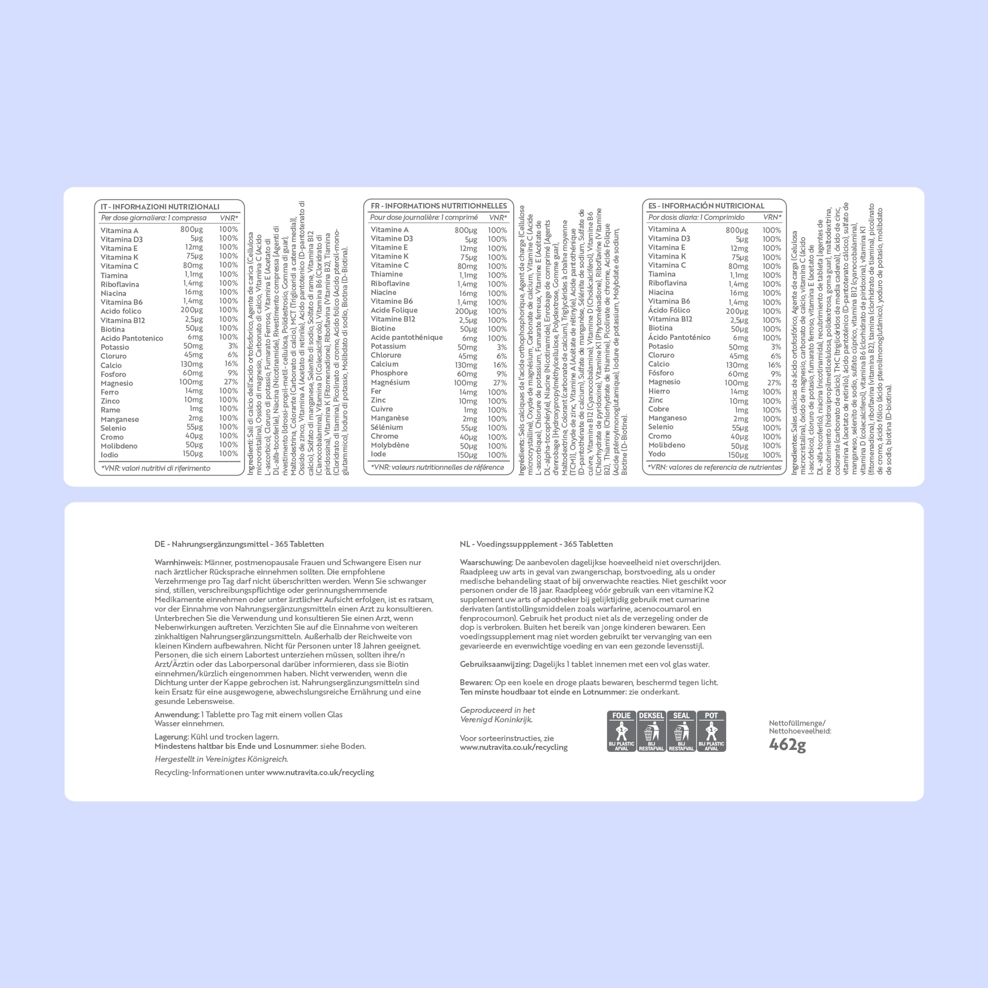 Nutravita Multivitaminas Mujer y Homre - 365 Comprimidos Veganos - Complejo Vitaminico de 26 Activos Esenciales - Vitamina C, D3, A, B12, E y Minerales - Vitaminas para el Cansancio - Multivitamínico
