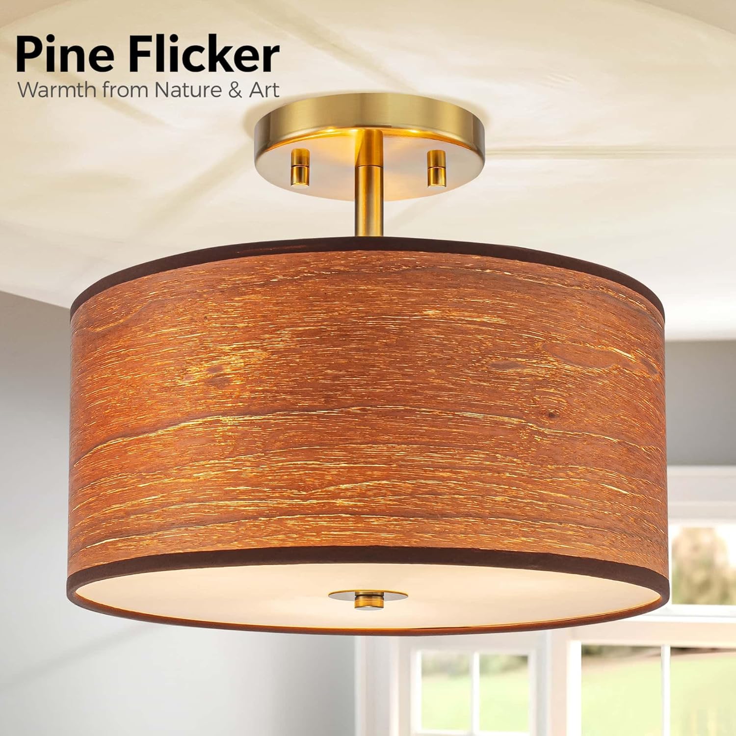 3-Light Solid Wood Drum Ceiling Lights, Farmhouse Style Semi-Flushmount Light Fixture for Dining Room, Living Room, Bedroom, D12 * H10 inch, Solid Wood Lampshade & Gold Finish
