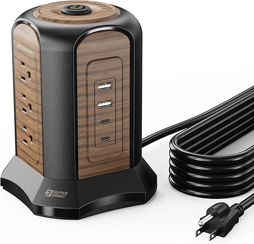 SUPERDANNY Regleta protectora contra sobretensiones, cable de extensión de 10 pies con múltiples tomas, 9 tomas, 4 puertos USB (2 USB C), 1080