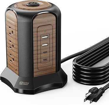 SUPERDANNY Power Strip Tower Surge Protector، سلك تمديد 10 قدم مع منافذ متعددة، 9 منافذ، 4 منافذ USB 2 USB C، 1080 جول، 3-Prong، مؤرض، محطة شحن للمنزل، المكتب، بني