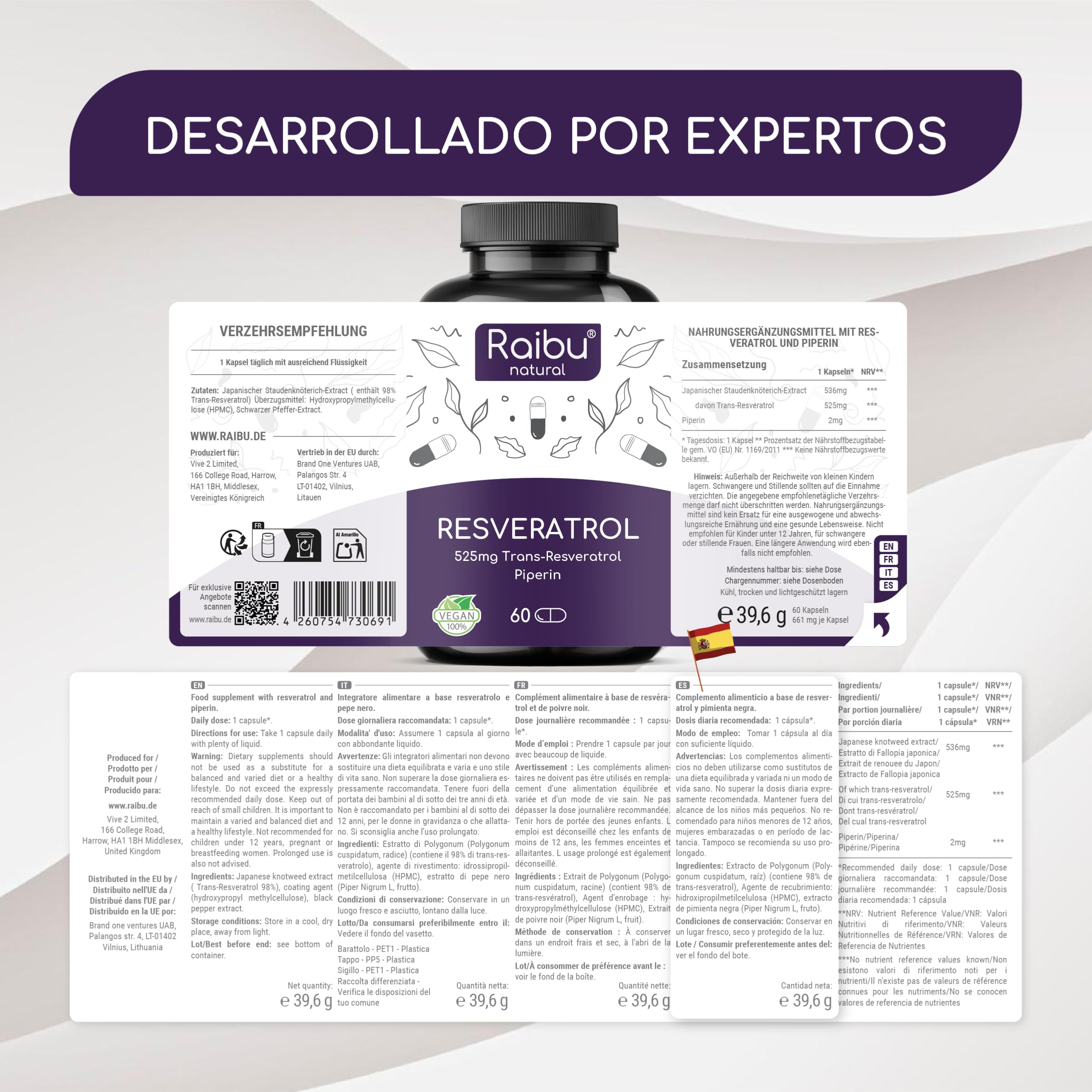Resveratrol Alto en Dosis - 525 mg de Trans Resveratrol por Cápsula (de un 98% de Fallopia Japonica) - Máxima Absorción con Piperina - Vegano, Sin Aditivos - Antioxidante & Antiedad, 60 Cápsulas