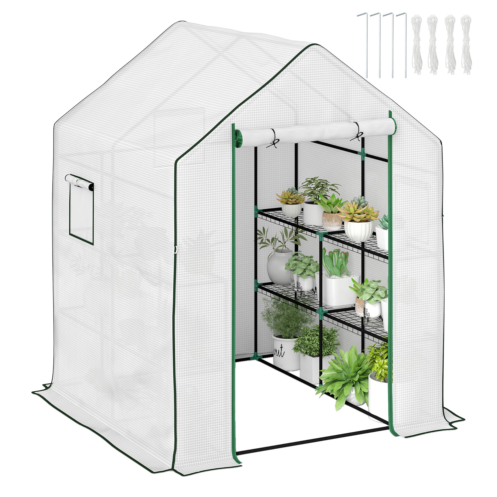 Outsunny Walk-in Greenhouse with 3 Tier 8 Shelves, Small Greenhouse with Reinforced PE Cover, Garden Plant Growhouse with Roll-up Door and Three Mesh Windows, 140 x 143 x 190 cm, White