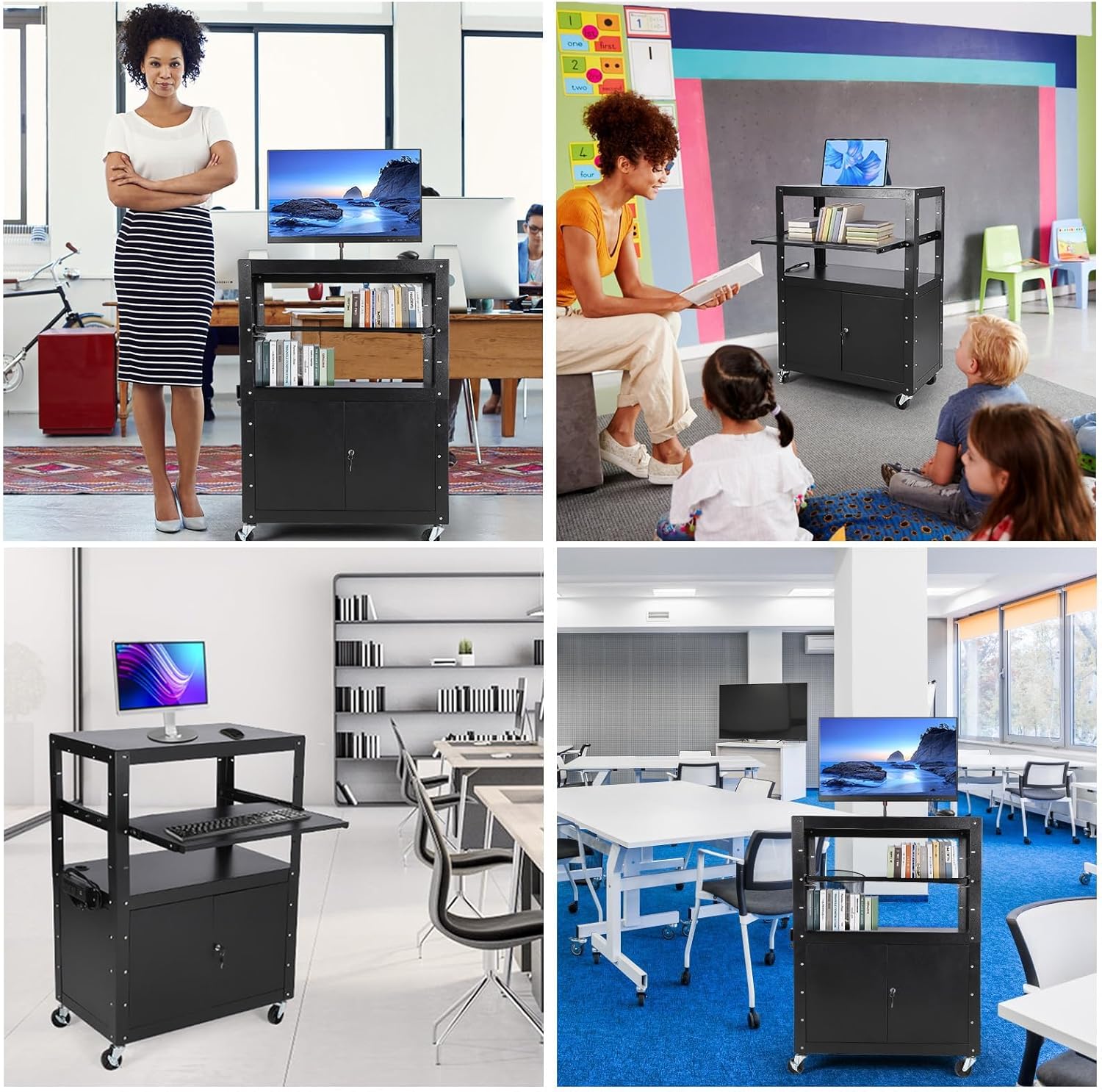 Adjustable Height AV Media Cart, 24-42 Inch Mobile Stand with Locking Storage, Extended Tray Organizer, Cable Management Wheels, for Home Office School