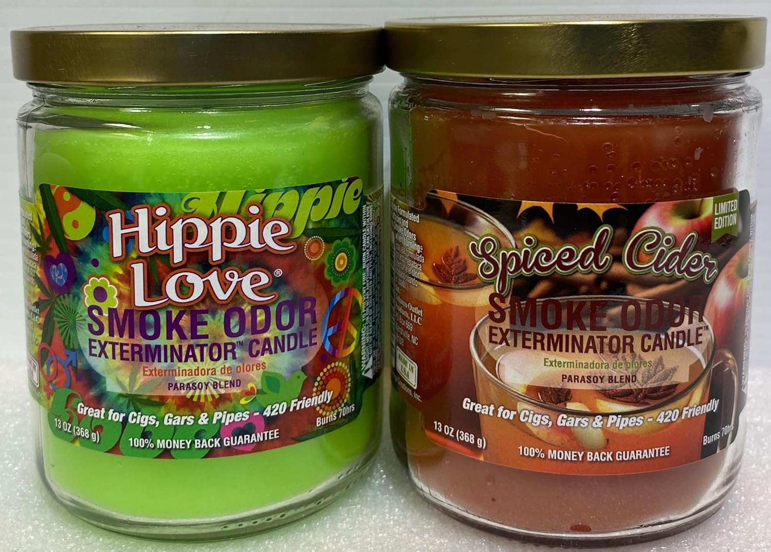 Smoke Odor Exterminator 13oz Jar Candle, Hippie Love 2 Pack. Includes Hippie Love & Spiced Cider.