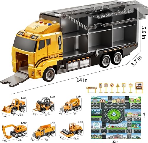 Miniatura 2 de TEMI Juego de juguetes de camión de construcción con alfombra de juego, juguetes de camión transportador para niños pequeños, juego de autos de
