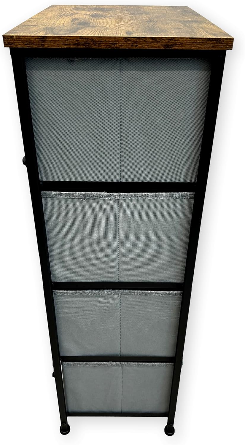FCAB00005 Vertical Fabric Drawer Cabinet, Space-Saving Storage Organizer, Black Metal Frame with 4 Gray Fabric Drawers, Modern Storage for Bedroom, Closet & Office