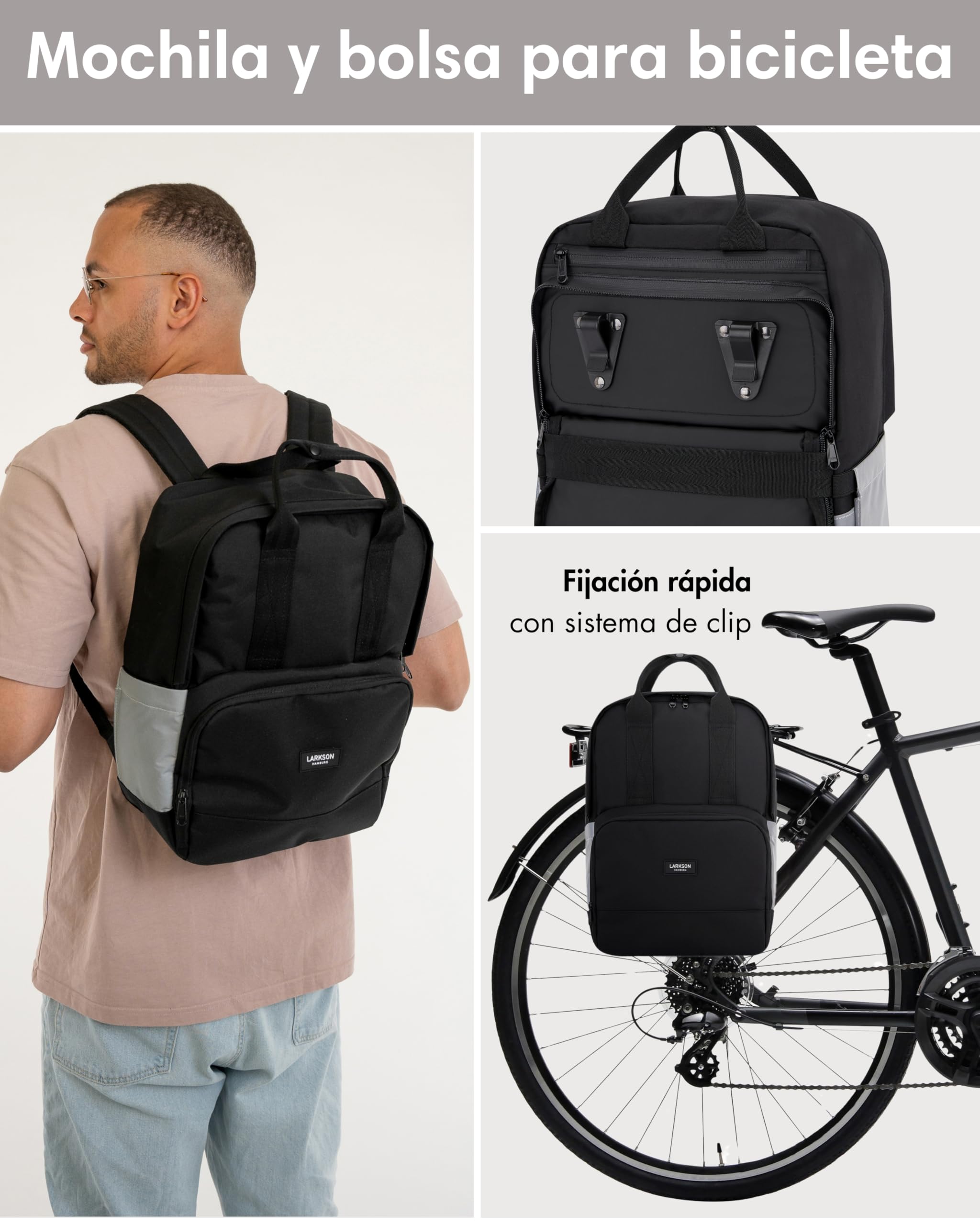 LARKSON Bolso Alforja para Bicicleta Negro Reflectante - No 6 Bike - 2 en 1 Mochila de Ciclismo y Bolsa para Rack Trasero de Bici, Morral Material Reciclado - Repele Agua