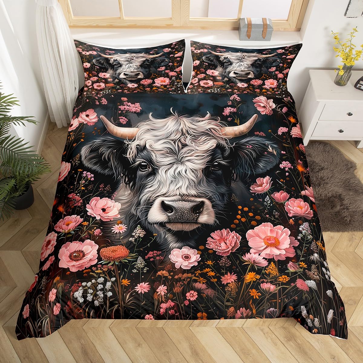 Homemissing Black Highland Cow Duvet Cover Set Single Size For Kids Boys Girls Anime Highland Cattle Bedding Set Pink Dasiy Duvet Cover with 1 Pillowcase Farmhouse Animal Bedding โ image 1