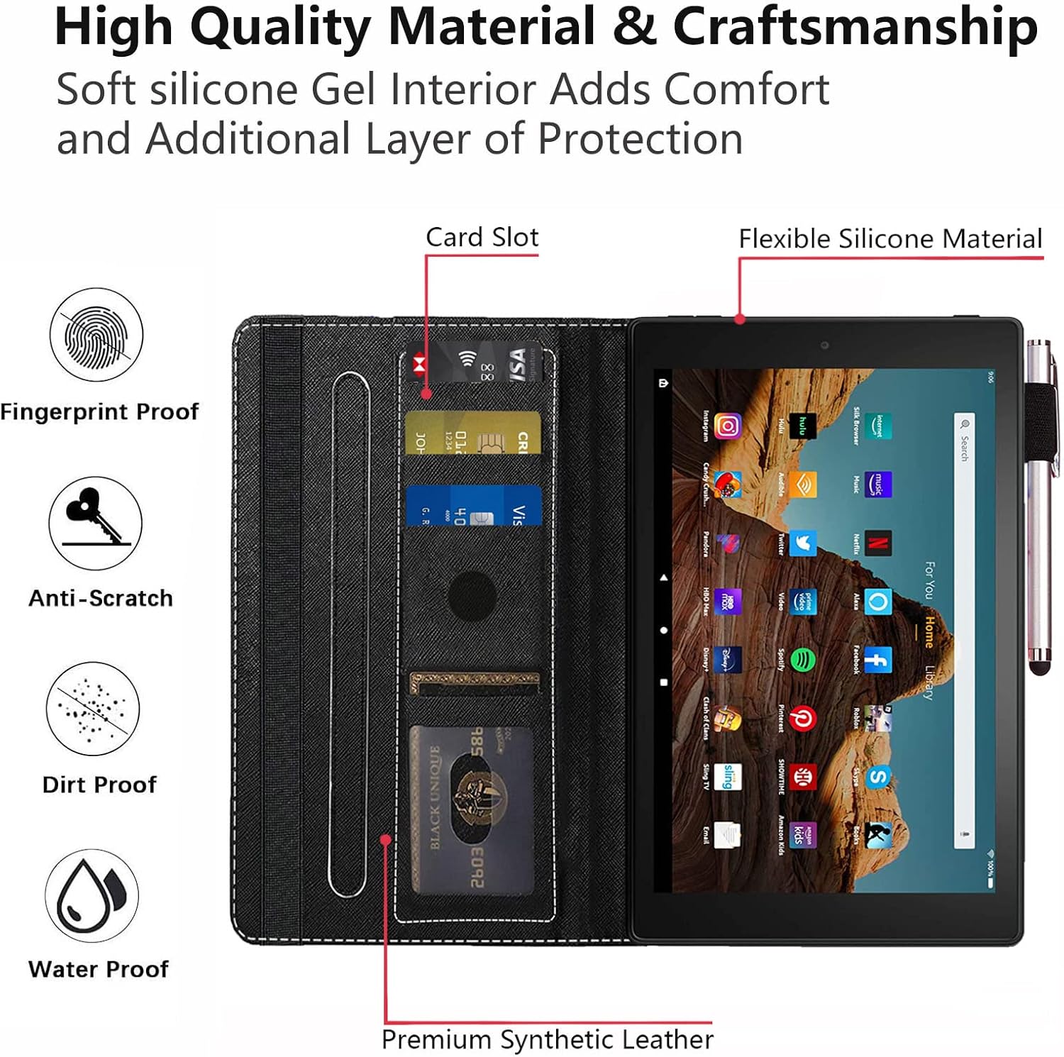 Case for Kindle Fire HD 10 Tablet 10.1" (9th/7th Generation, 2019/2017 Release) - Slim PU Leather Stand Flip Cover with Card Slot & Pencil Holder, Purple Flowers