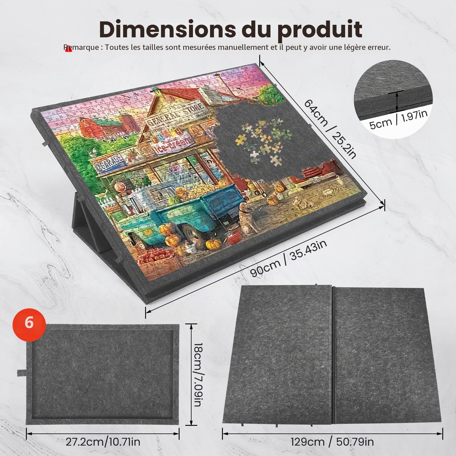 Planche à puzzle pliable en feutre antidérapant de 1500 pièces, 6 tiroirs de tri avec poignées, angle réglable, légère et portable, table de puzzle pliable en feutre