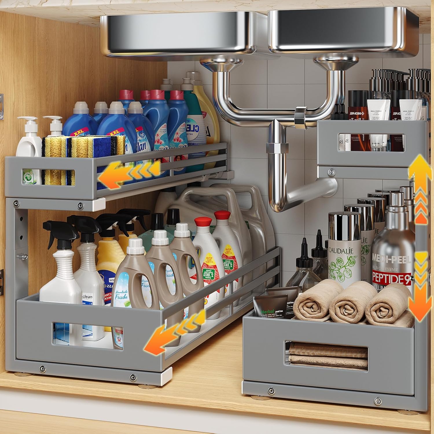 2-Pack 20.47"Deep Under Sink Organizer And Storage,2-Tier L-Shaped Pull Out Cabinet Organizer with Upgraded Slide Rails,Height Adjustable Drawers for Kitchen&Bathroom,Extra-Large Storage Shelves–Gray 2 Pack-20.47"Dx11.4"-16.34"H Gray