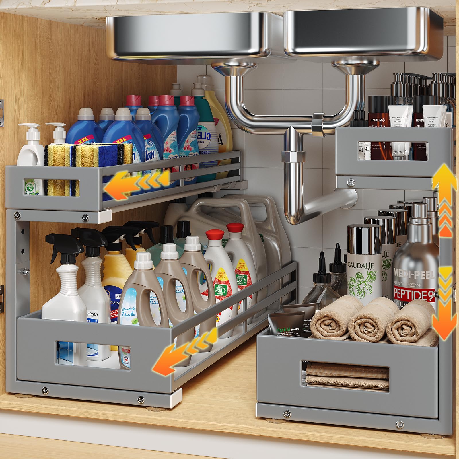 Photo 1 of 2-Pack 20.47"Deep Under Sink Organizer And Storage,2-Tier L-Shaped Pull Out Cabinet Organizer with Upgraded Slide Rails,Height Adjustable Drawers for Kitchen&Bathroom,Extra-Large Storage Shelves–Black