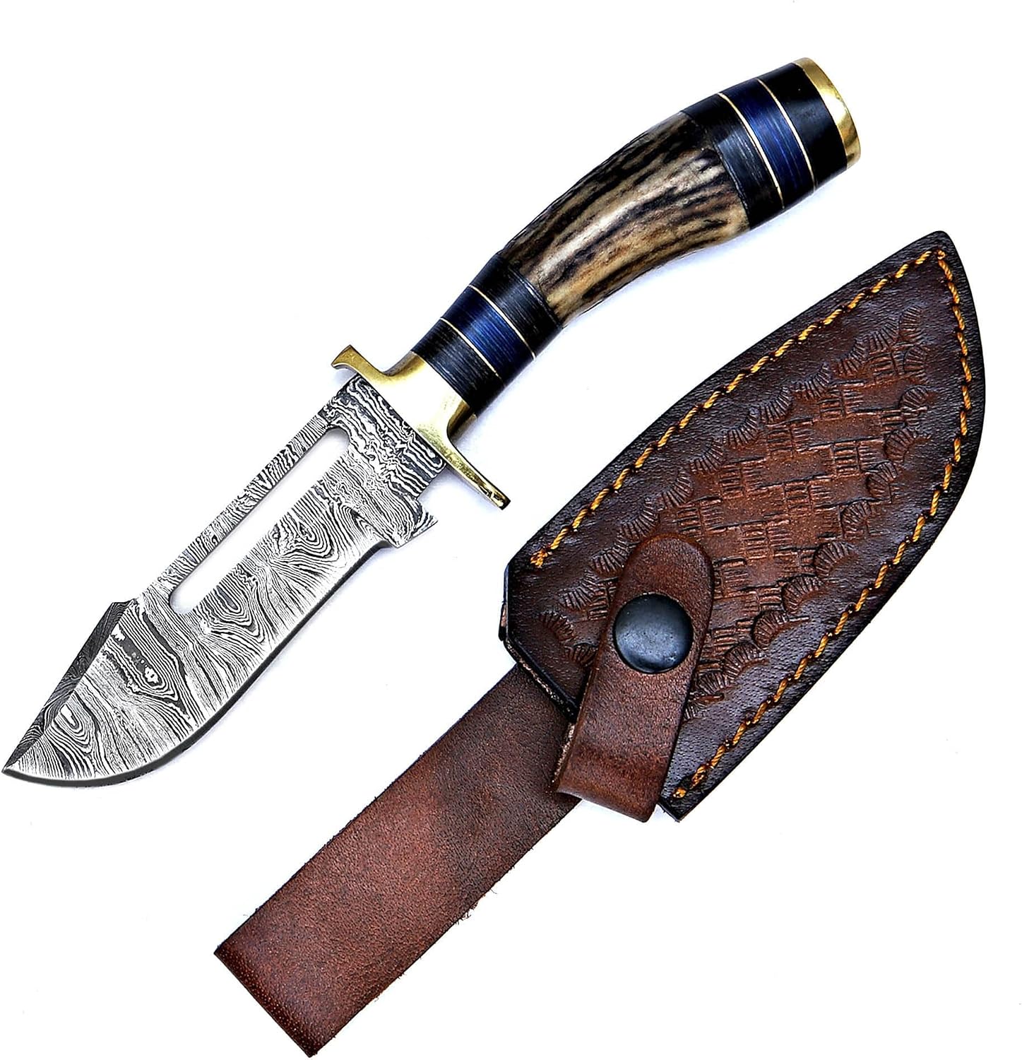 Bushcraft Hunting Knife, 8'' Damascus Steel Fixed Blade, Stag Antler Handle, Leather Sheath
