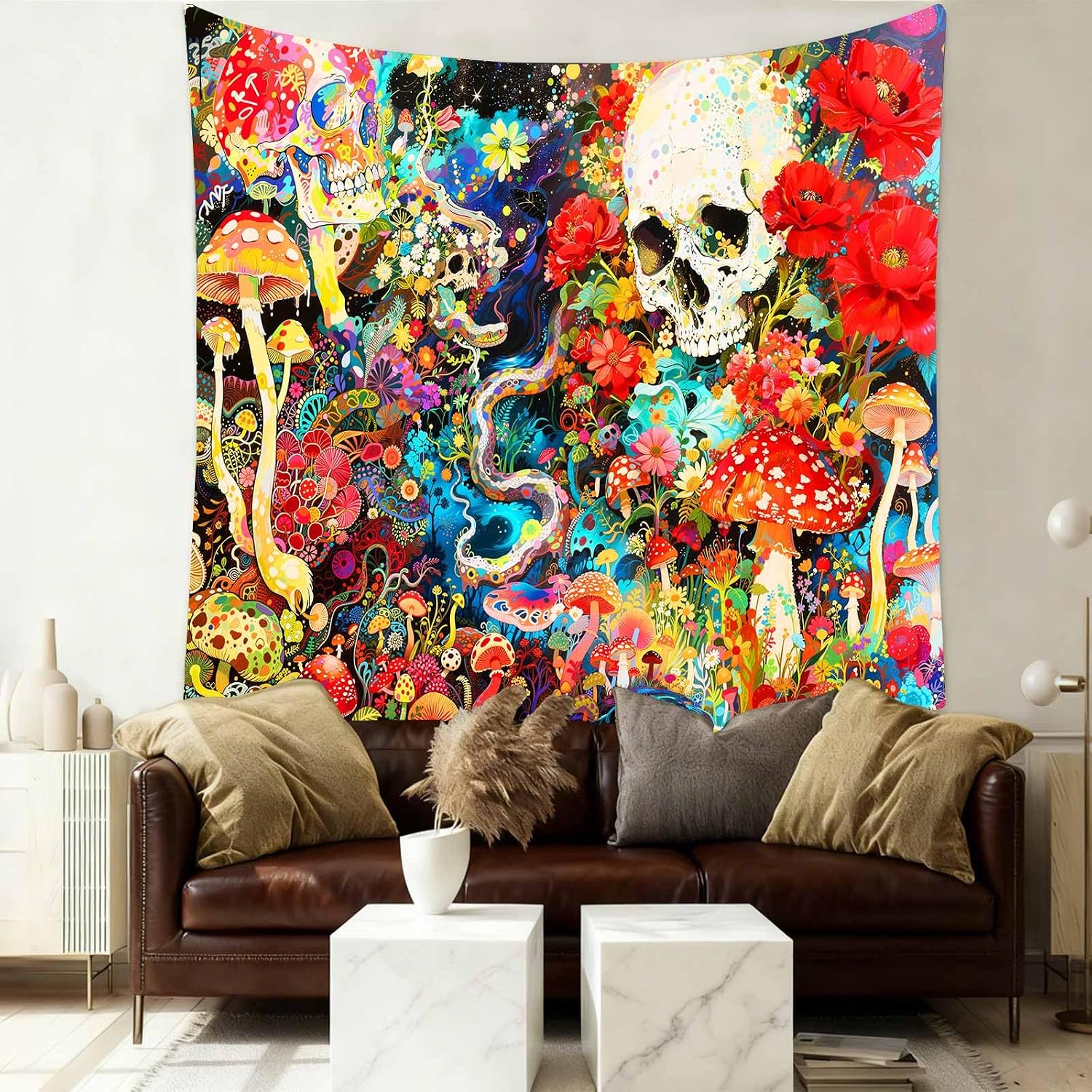 SHRAPHY Mushroom Eyes Skeleton Guitar Tapestry Wall Decoration Blue Sky Sun Colorful Plants River Mountains Cute and Fun Retro Aesthetics Hippie Fantasia Bedroom Dormitory Livingroom 60 "x40 Inches
