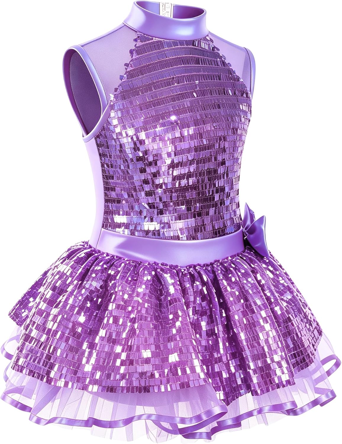 Girls Glow Sequin Dance Outfit, Sparkly Jazz Hip Hop Tutu Dress with Bow Headpiece (2-12Y)