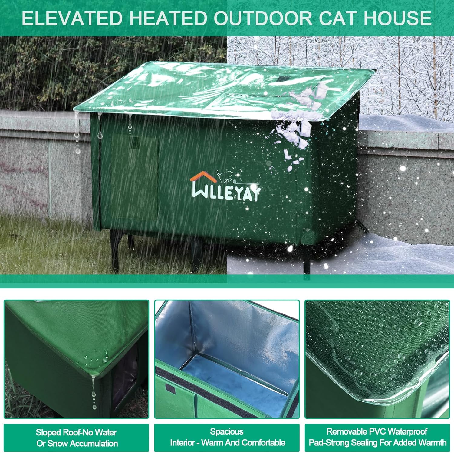 Upgraded Extra Large Size Heated Cat House for Outside Winter, 24.5'' Insulated Outdoor Weatherproof Elevated Cat Shelter with Heater, Waterproof Cover, Roof Window for Feral Barn Cat Stray Kitty