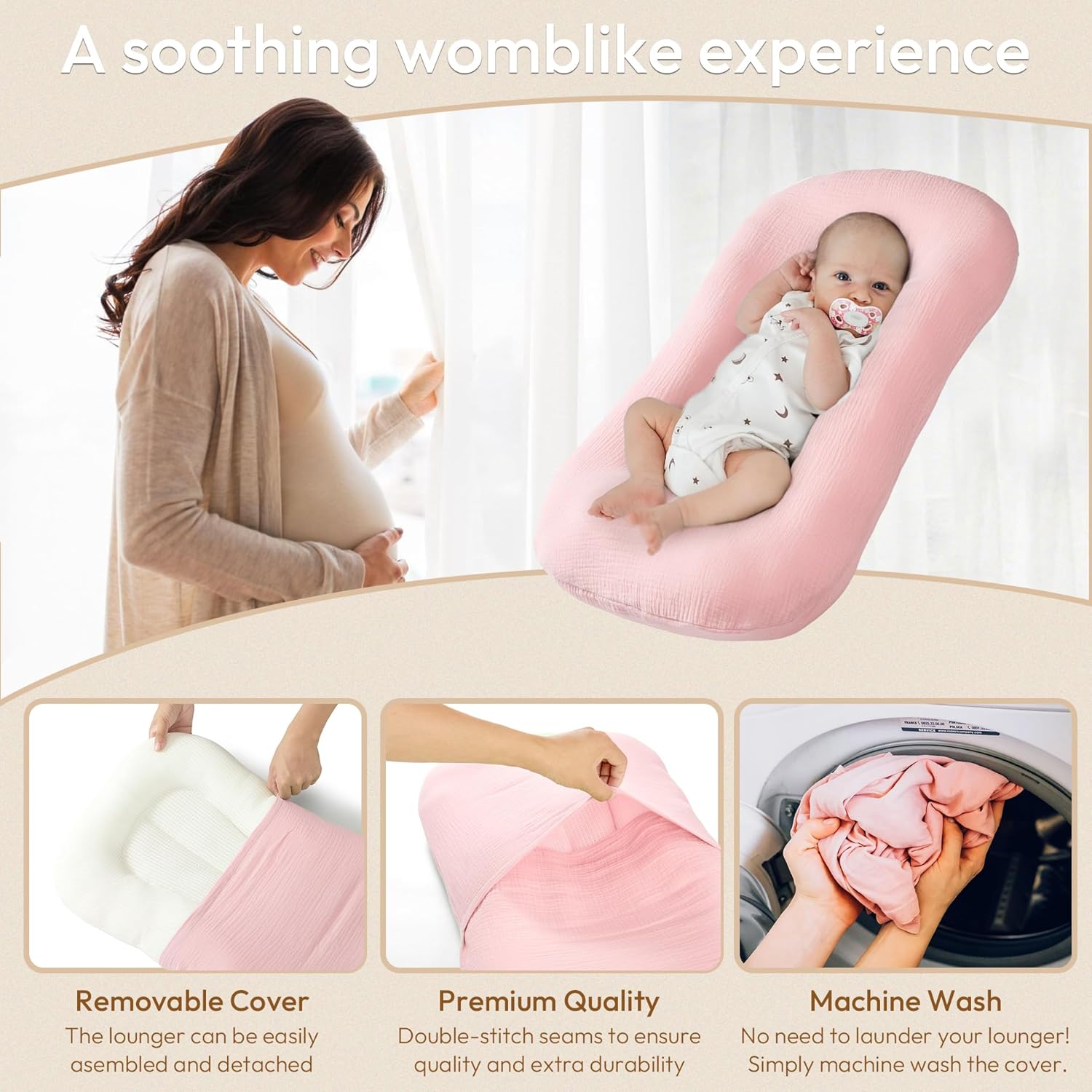 Baby Lounger, Suitable for Newborns 0-24 Months, Infant Lounger for Home and Travel, Soft Cotton and Breathable, Nest Lounger, Newborn Babies Essentials Gifts（Lovely Pink） - Image 7