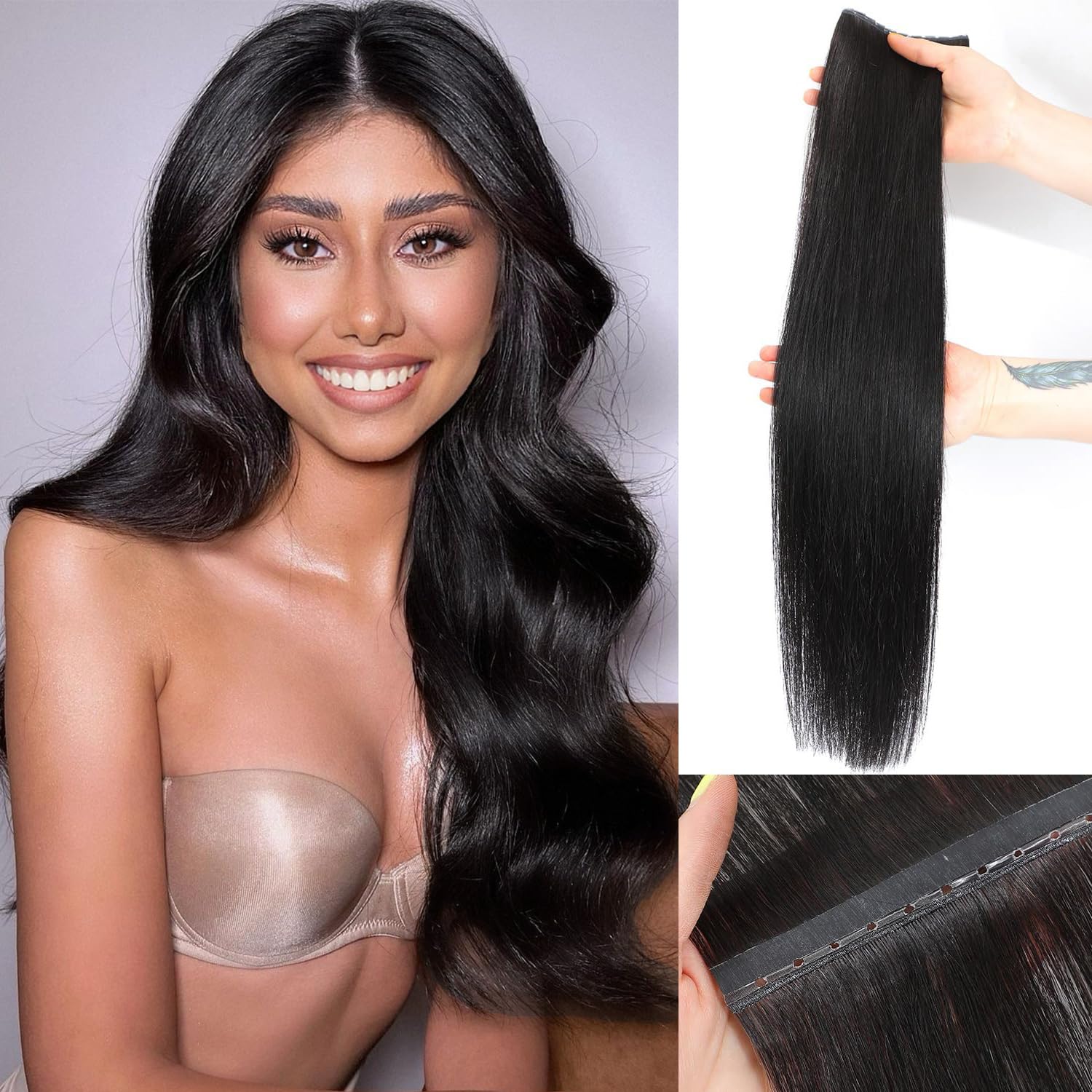 Human Hair Extensions 18 Inch Double Weft Lightweight Natural Seamless Amazon.com : Clip in Hair Extensions Real Human Hair for  main image 2
