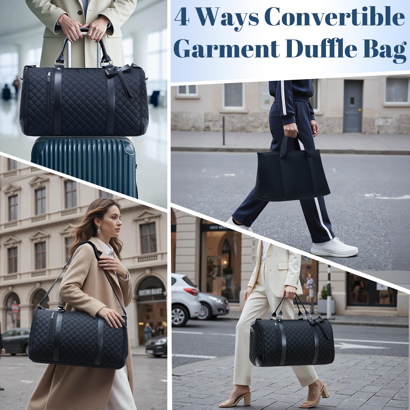 GARPROVM Anzugtasche Reisetasche für Damen, 3 in 1 Umwandelbar Kleidertaschen 2 Säcke Design mit Abnehmbar Handgepäck, Wasserdicht Wochenende Kleidersack Tasche für knitterfreie Reise (Schwarz)