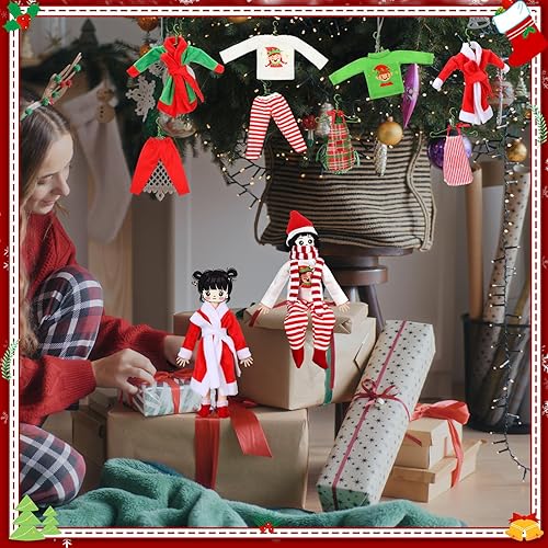 Miniatura 7 de Jenaai Juego de 12 piezas de accesorios de muñeca elfo de Navidad, ropa de elfo, mini atuendo, incluye falda de muñeca, chaleco esponjoso, albornoz,