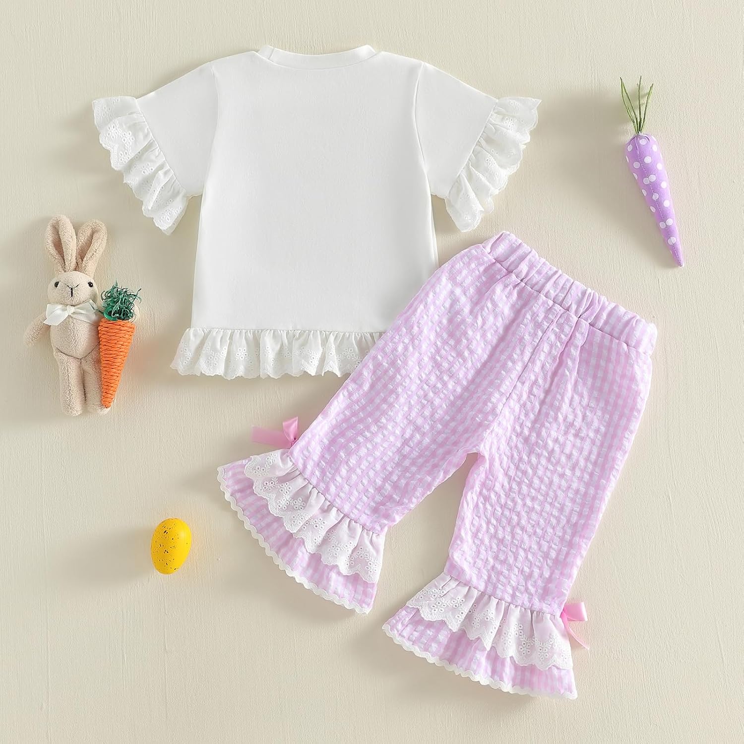 Easter Baby Girl Outfit Bunny Short Sleeve Tops Plaid Bell Bottoms Flared Pants Set Toddler Summer Clothes - Image 6