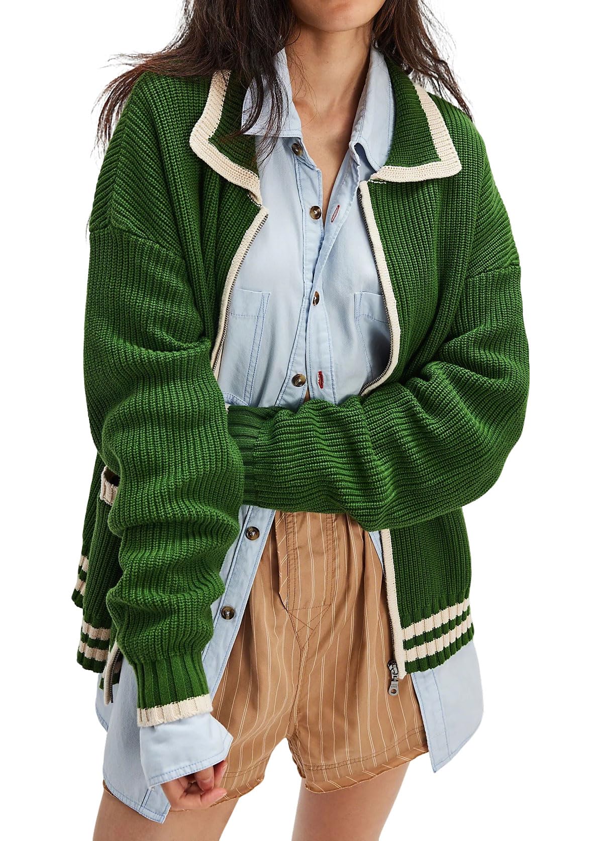 CHARTOU Casual Knit Zip Up Sweater for Women 2025 Fall Outfits Contrast Trim Open Front Cardigan Sweater Outwear
