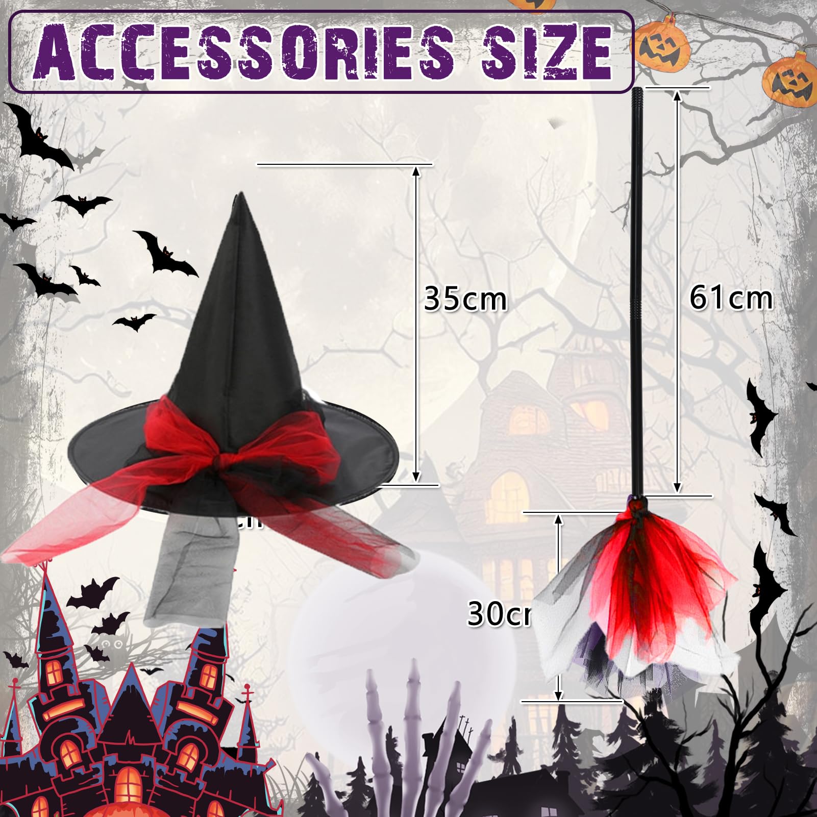 HarnyLoom Witch Costume Kids Girl Witches Dress Princess Outfit Scary Purple Hat Brooms Party Cosplay Carnival Fancy Dress (Red - Image 3