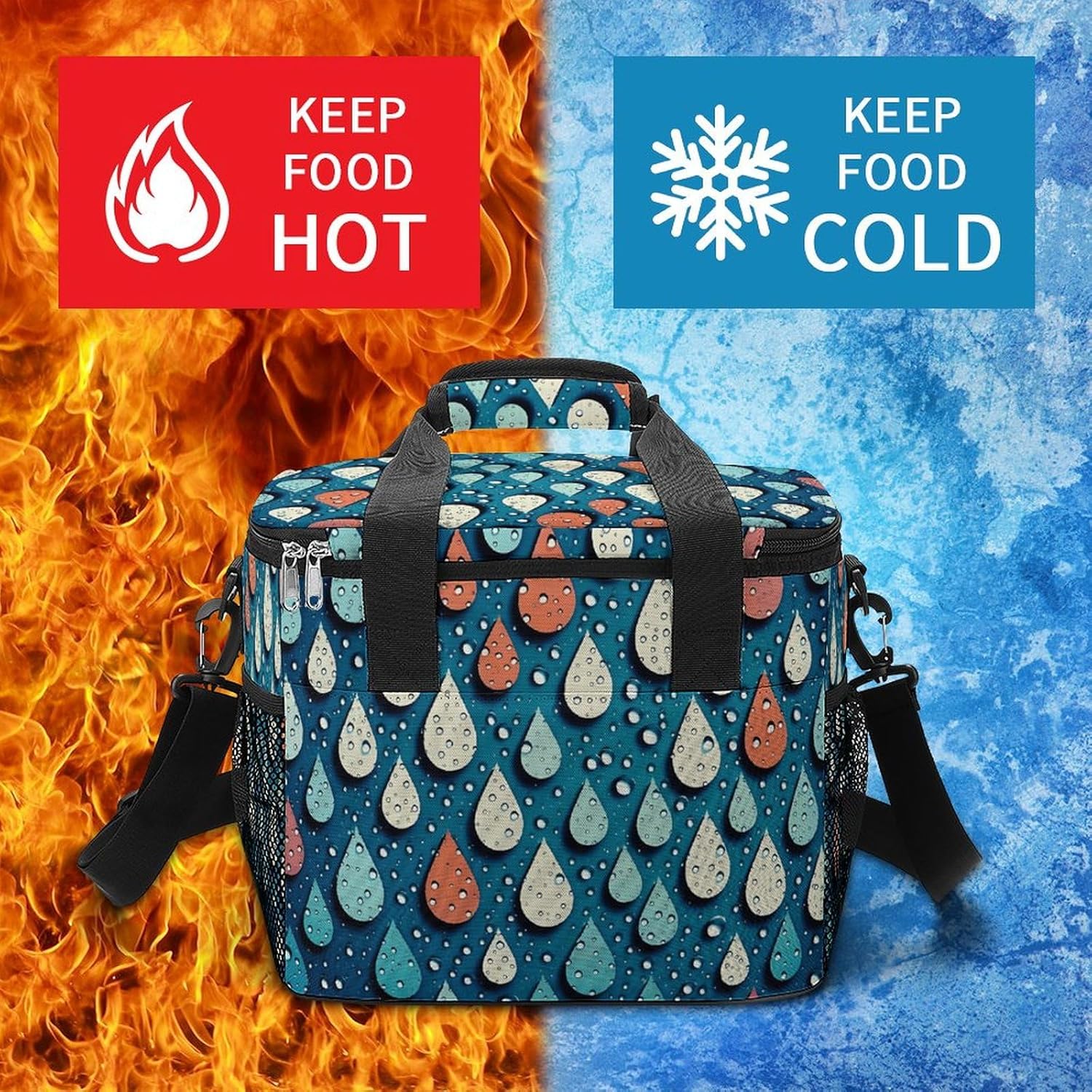 Camping Ice Pack, Water Drops Dots Print Cooler Bag, 22.5L Large Capacity Insulated Lunch Tote Bag for Outdoor, Picnic, BBQ, Travel, Work