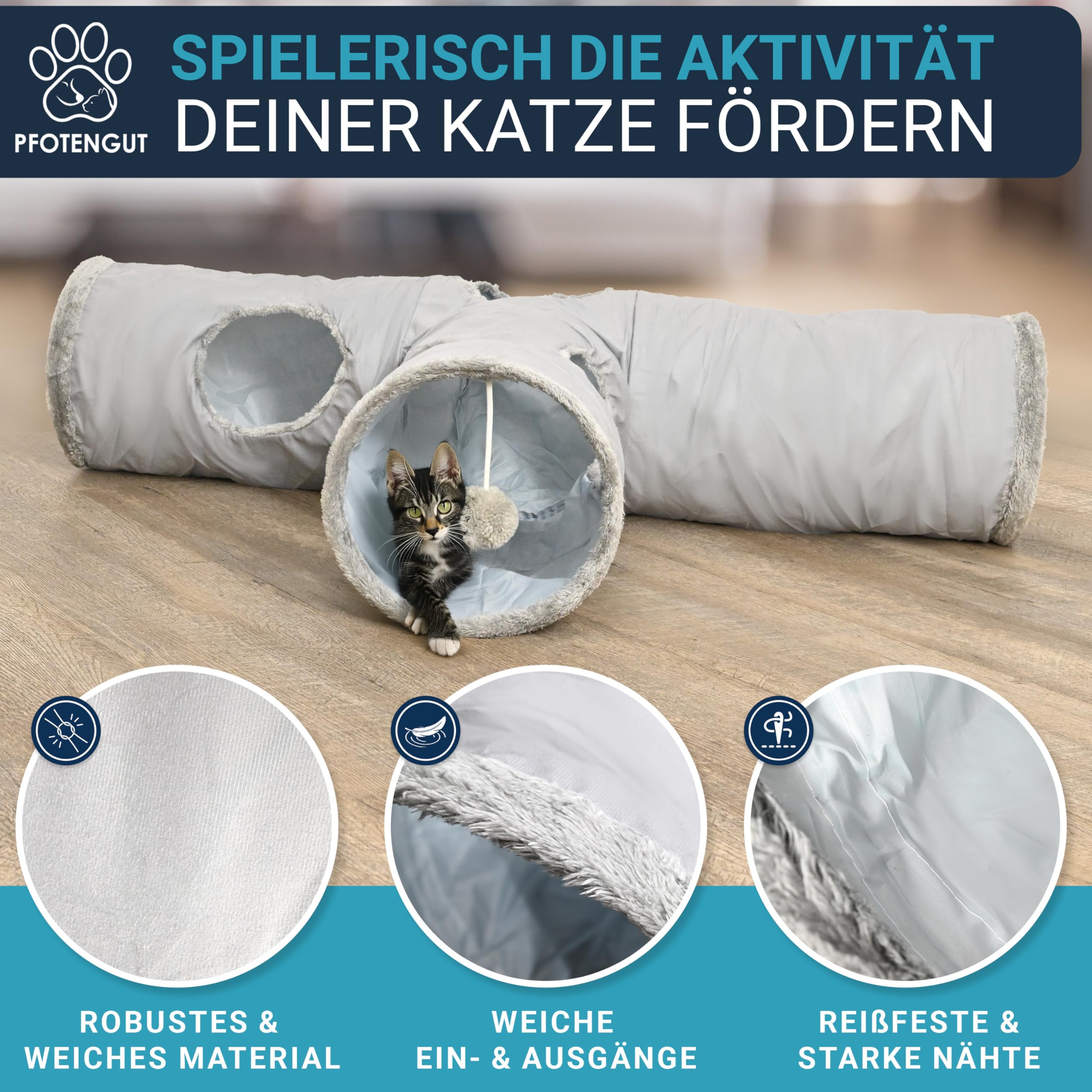 Katzentunnel XXL [für kleine und große Katzen] - robuster Spieltunnel zur Beschäftigung deiner Katze - 115cm Langer Tunnel mit verschiedenen Öffnungen inkl. Spielball
