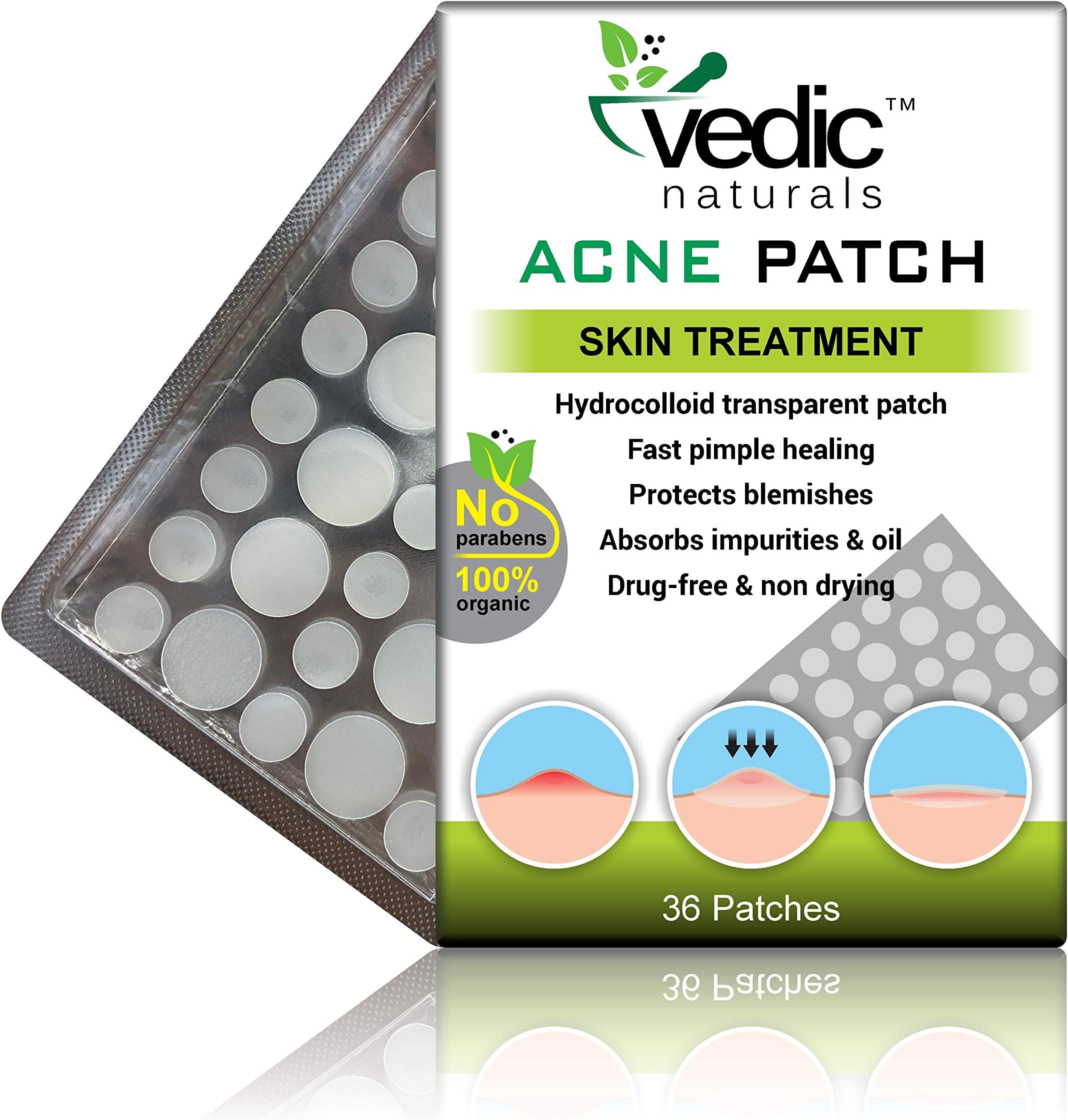 Vedic Naturals Acne Pimple Patches For Face & Skin Treatment Cover With 100% Hydrocolloid Transparent Patch, Fast Pimple Healing, Drug Free, Non Drying & Water Proof - 36 Patches - Pack Of 1