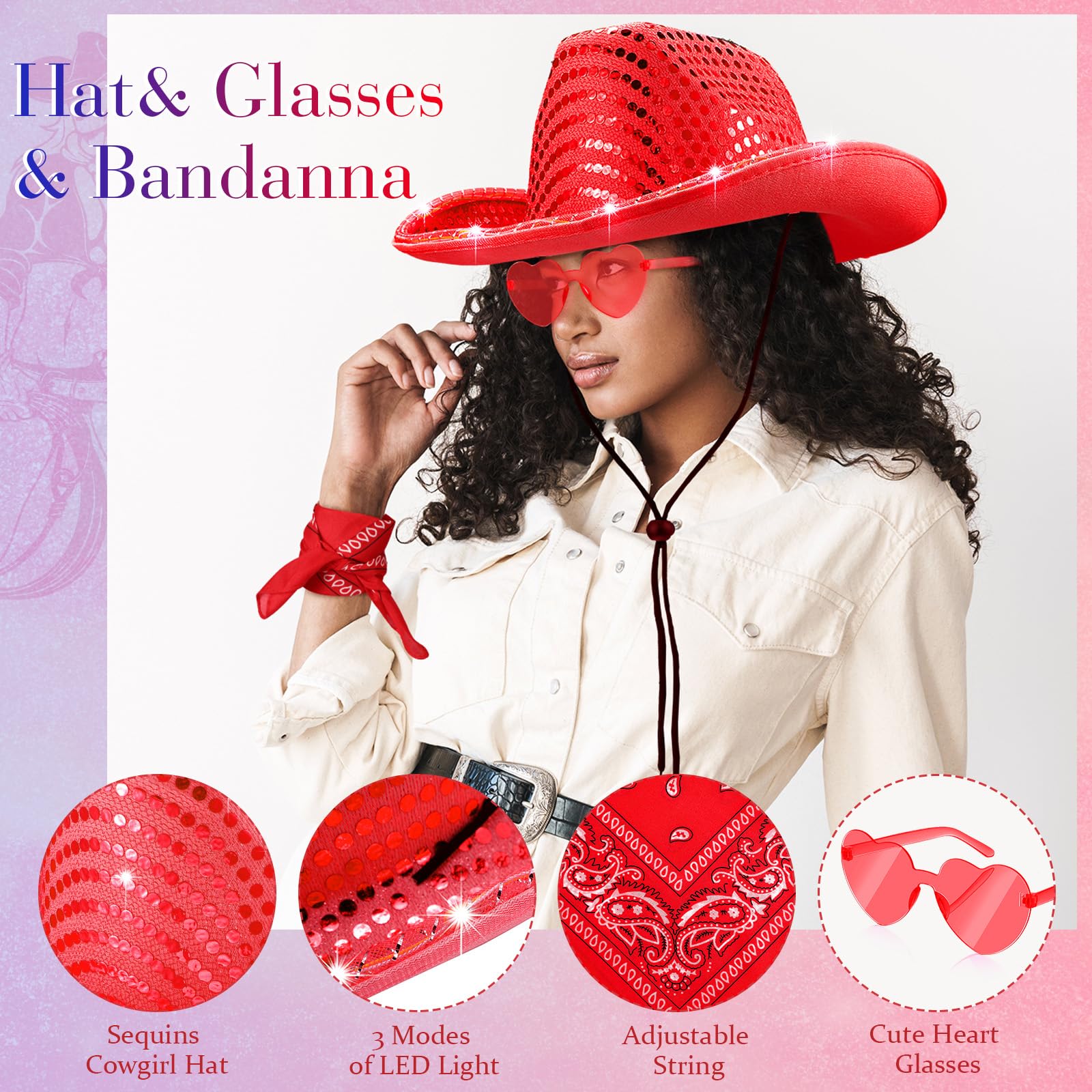 Shihanee 18 Pcs Light Cowboy Hat Space Cowgirl Hat LED Flashing Hat with Heart Glasses Western Costume Paisley Bandanna (Blue, Red)
