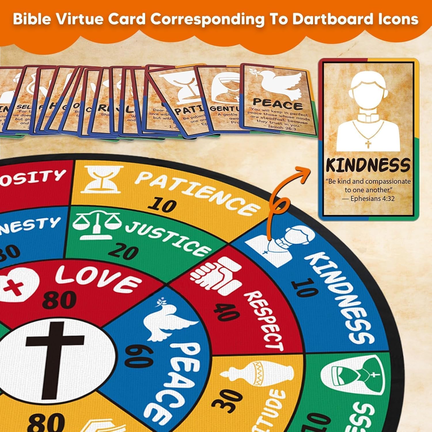 Garybank Bible Trivia Dartboard Game for Kids & Family, 280+ Bible Trivial Questions and 20 Christian Virtues Cards, Biblical Study Supplies for Sunday School, Youth Groups, Easter Gift for Kids