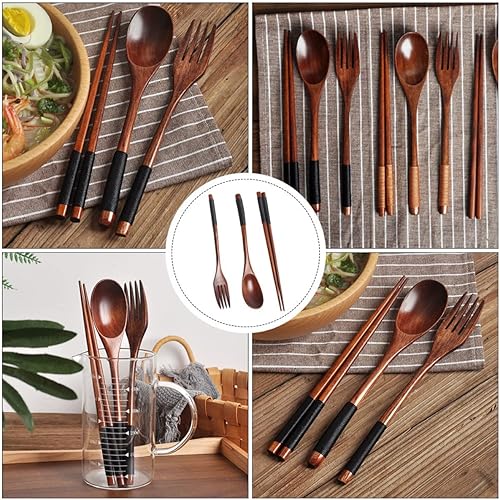 Miniatura 5 de Cabilock 2 juegos de vajilla de madera cubiertos portátiles tenedor de madera Platos y utensilios de camping Utensilios de cena de madera Utensilios