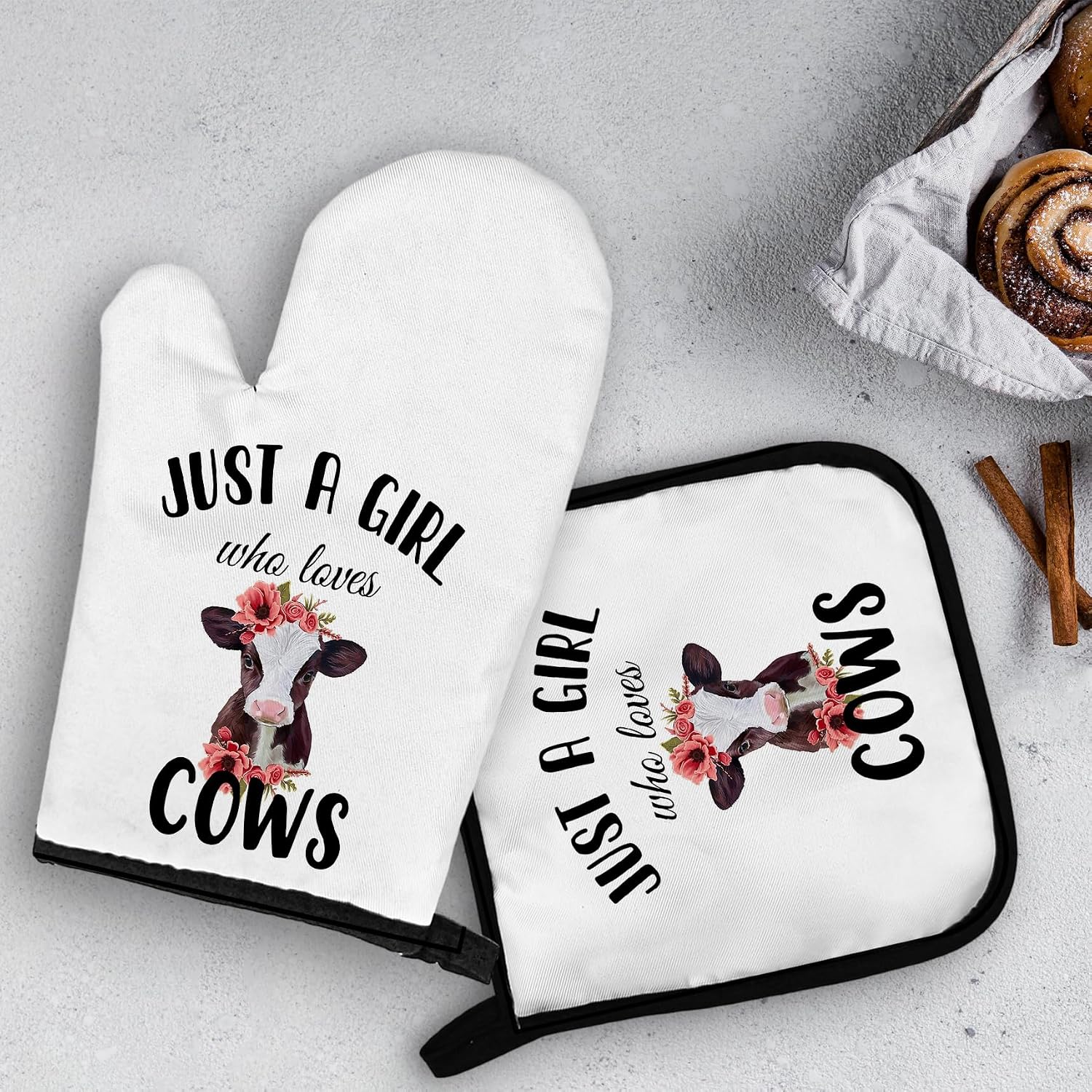 OHSUL Just a Girl Who Loves Cows Oven Mitts and Pot Holders Sets, Cow Gifts Kitchen Decor Accessories, Farmhouse Gifts for Cow Lovers, Heat Resistant Oven Gloves Hot Pads for Cooking Baking Grilling