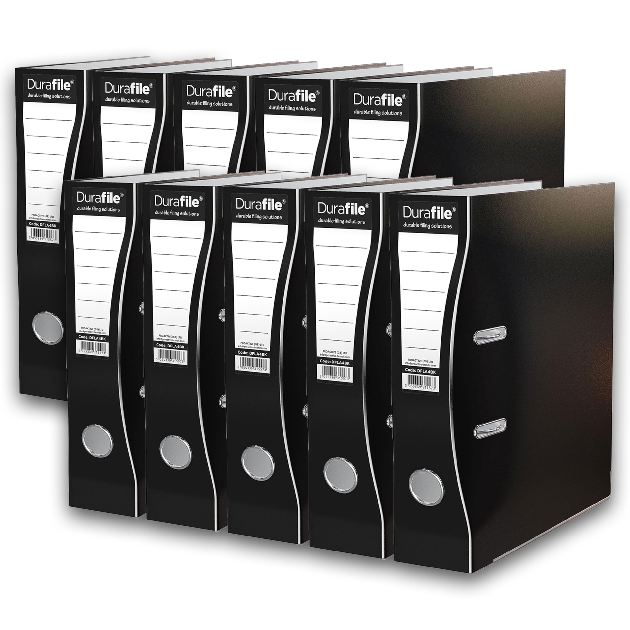 Durafile Lever Arch Files, Black, Pack of 10 Folders, Heavy Duty Board Construction Suitable for A4 Size Documents, Ideal folders for School, Home and The Office