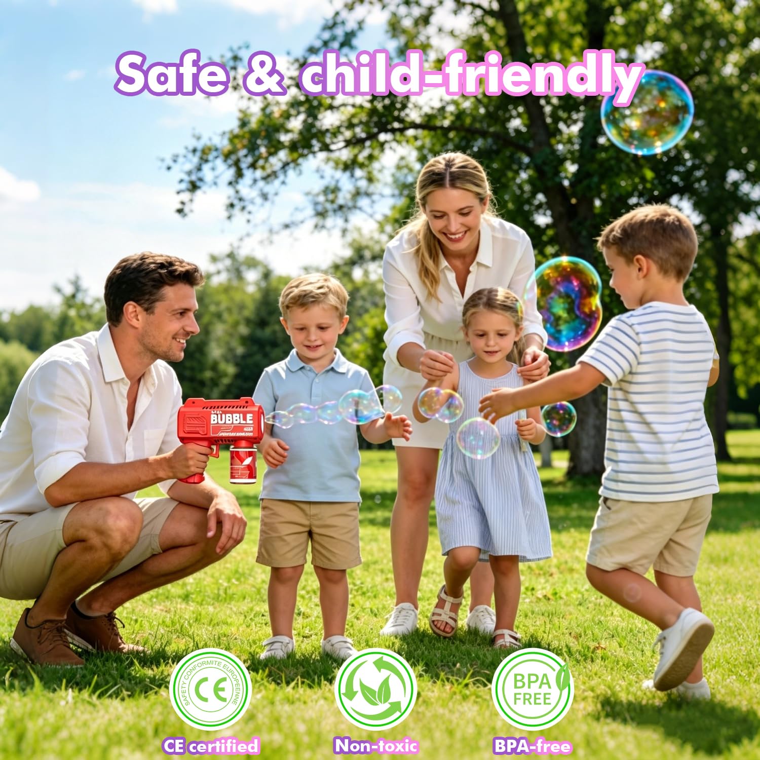 4 Pièces Pistolet à Bulles Automatique - 5000+ Bulles/Min, Portable avec Lumières, 4 Solutions + 10 Recharges - Jouets Bulles pour Enfants - Mariages/Anniversaires/Fêtes/Cadeau