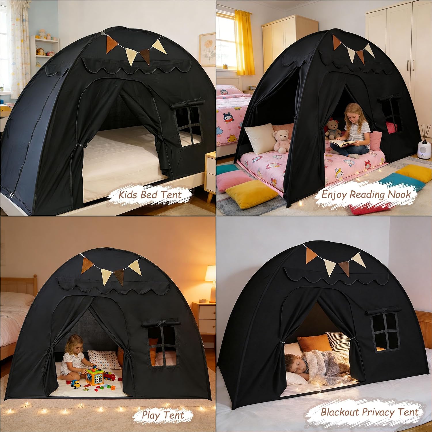 Twin Size Bed Tent for Kids, Indoor Kids Privacy Play Tent, Blackout Sleeping Bed Canopy, Portable & Foldable Floor Bed Tents, Black