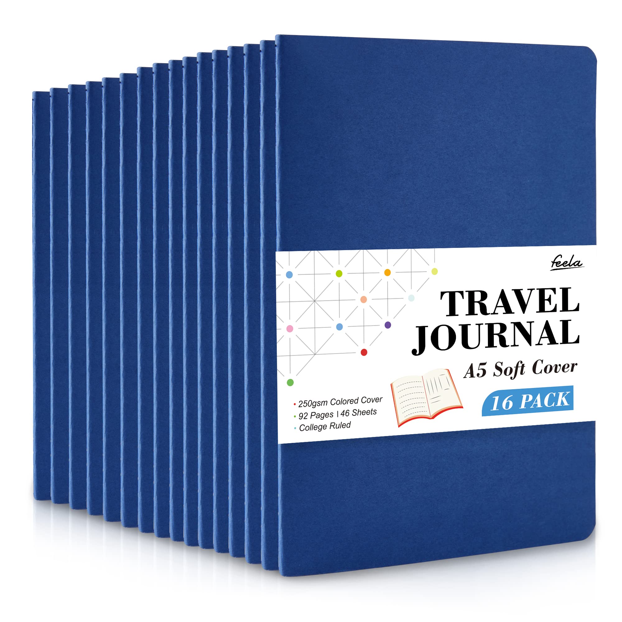 feela 16 Pack Soft Cover Journal Bulk, Lined Notebooks College Ruled for Work for Women Girl Writing, Blank Travel Journal Note Taking Notebook School