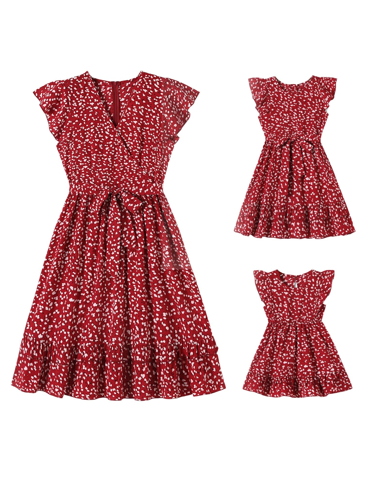 Mommy and Me Dresses Matching Outfits Family Matching Polka Dots Flutter-Sleeve Dress for Mother and Daughter