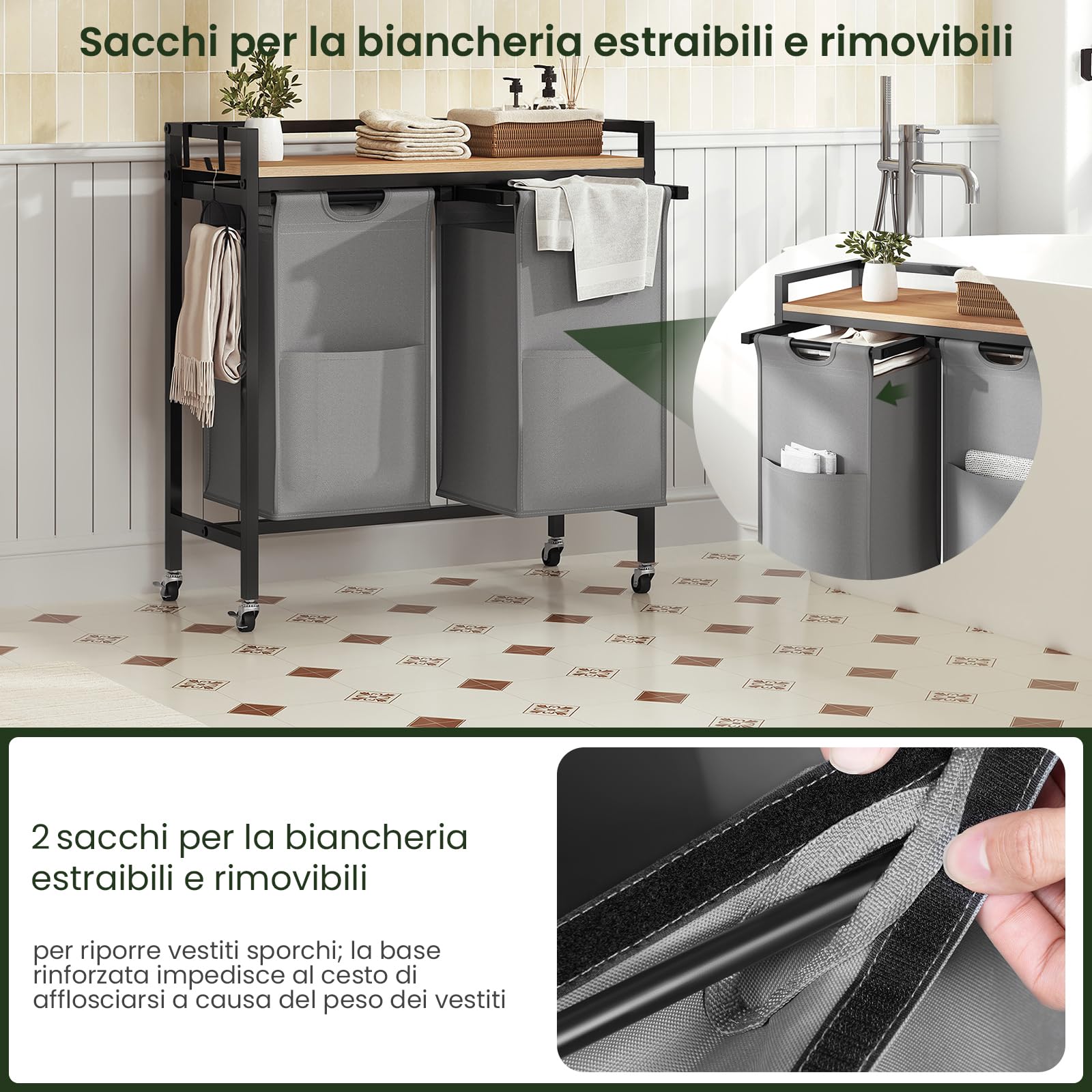 EUGAD Cesto Portabiancheria, 2 Sacchi in Tessuto Oxford Rimovibili, Porta Biancheria, Struttura in Metallo, per Bagno e Lavanderia, 70x30x71cm, Capacità 40L per Cesto