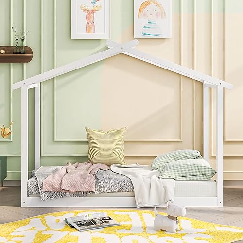 Miniatura 3 de MERITLINE Cama de casa para niños con nido marco de cama de madera tamaño individual XLKing con techo soporte de listones de cama doble individual